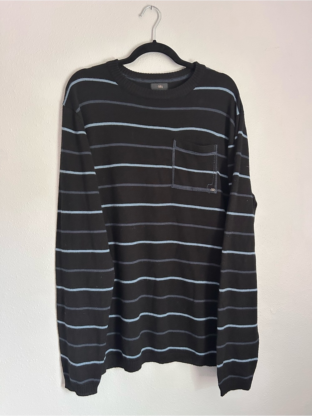 686 Black Long Sleeve sweater with Light Blue Stripes and Chest Pocket
